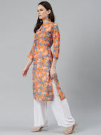 Jompers Women Orange & Blue Floral Printed Keyhole Neck Floral Kurta | Grocsy