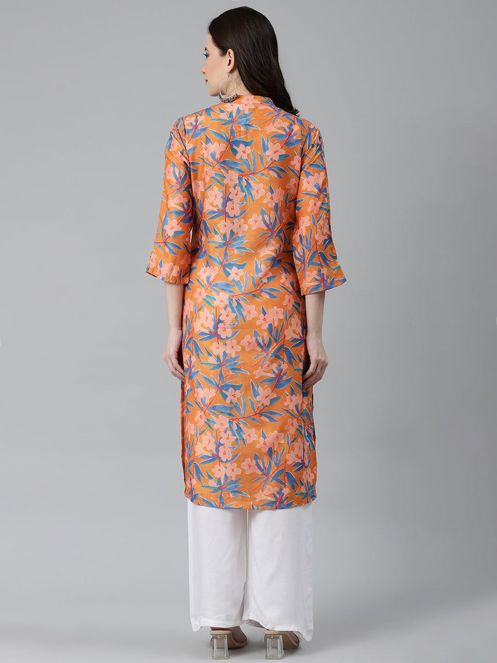 Jompers Women Orange & Blue Floral Printed Keyhole Neck Floral Kurta | Grocsy