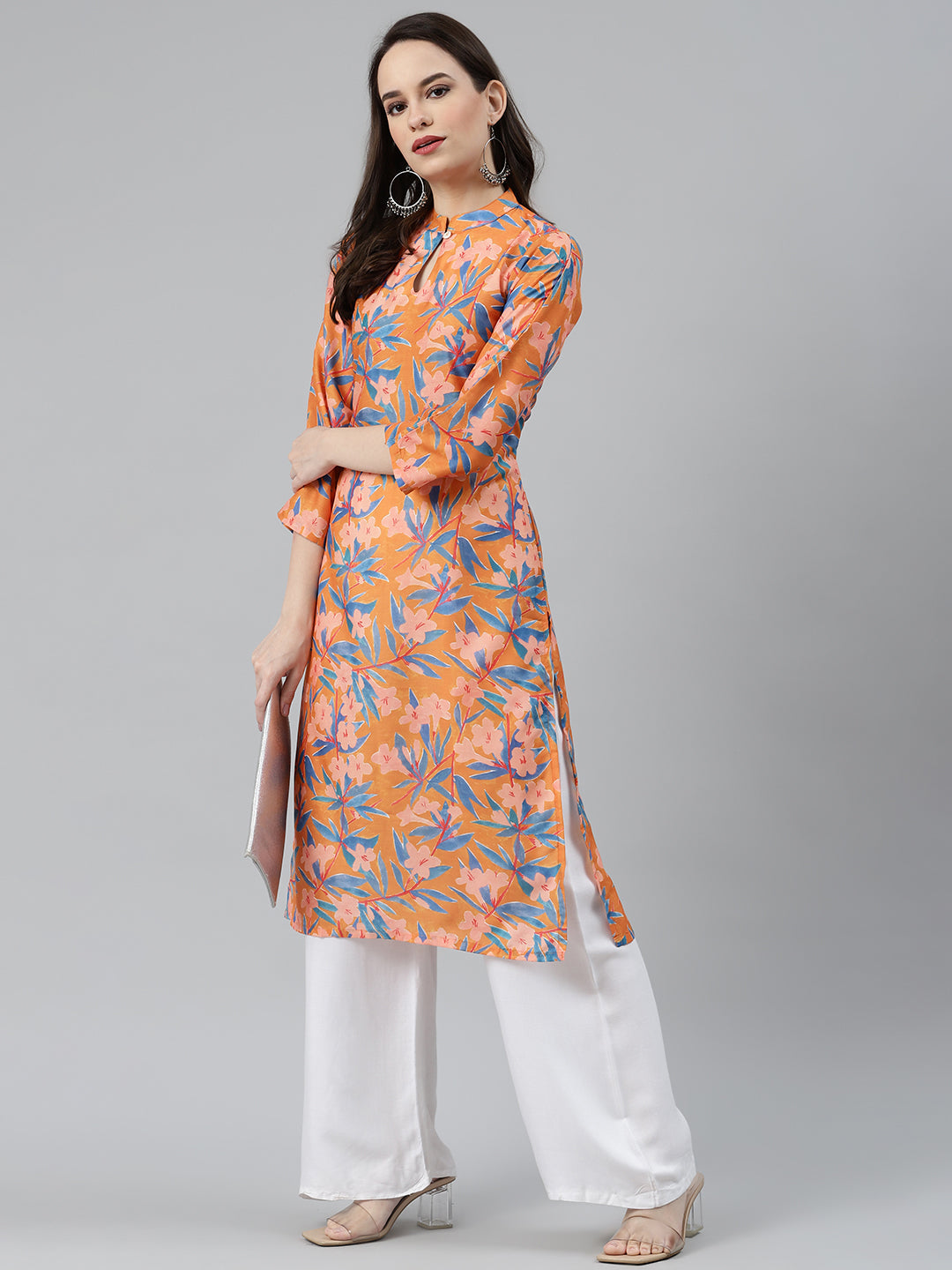 Jompers Women Orange & Blue Floral Printed Keyhole Neck Floral Kurta | Grocsy