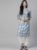 Jompers Women Blue & White Floral Printed Keyhole Neck Floral Kurta | Grocsy
