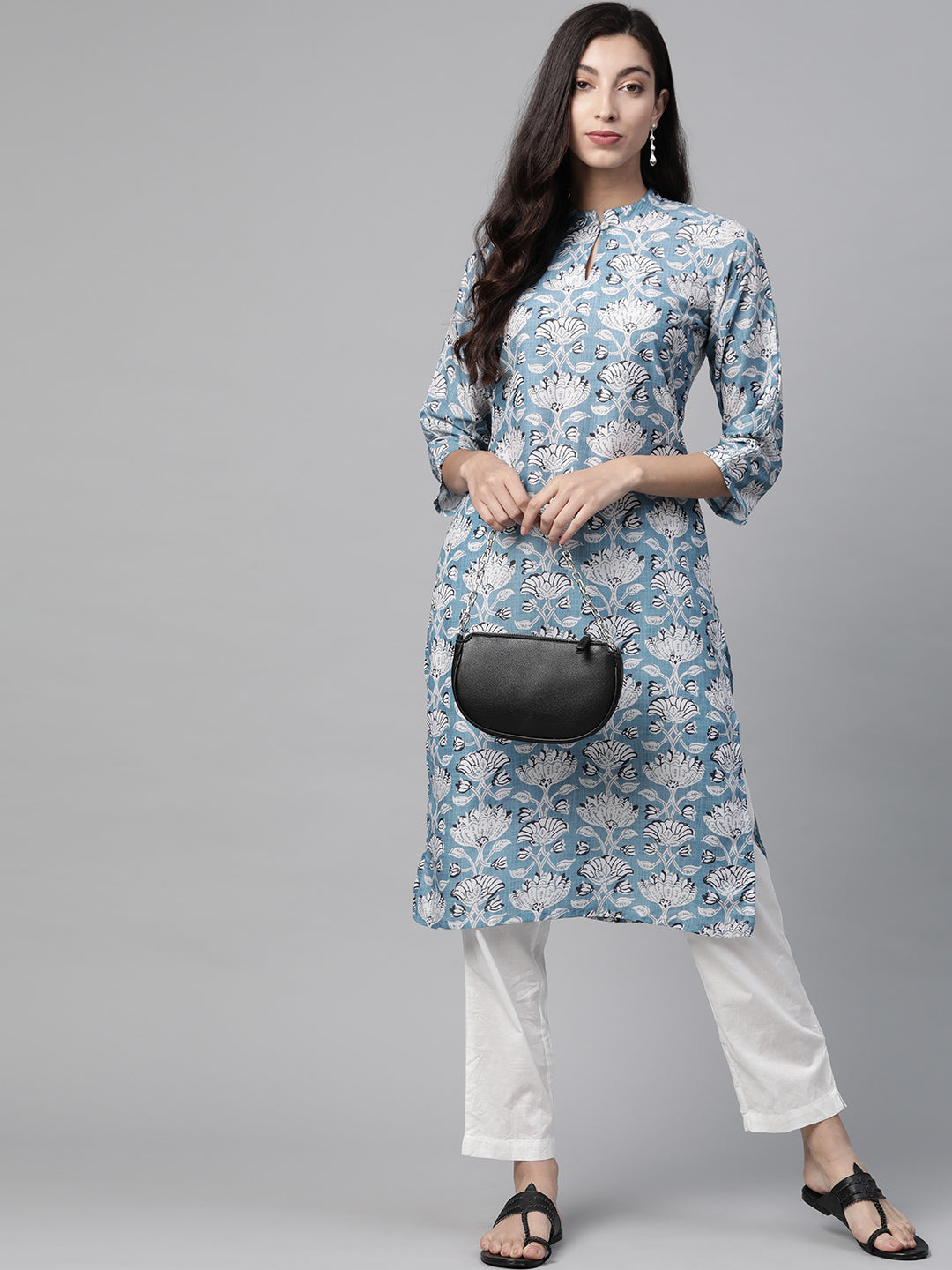 Jompers Women Blue & White Floral Printed Keyhole Neck Floral Kurta | Grocsy