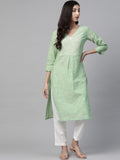 Jompers Women Green Pure Cotton Striped Pleated Kurta | Grocsy
