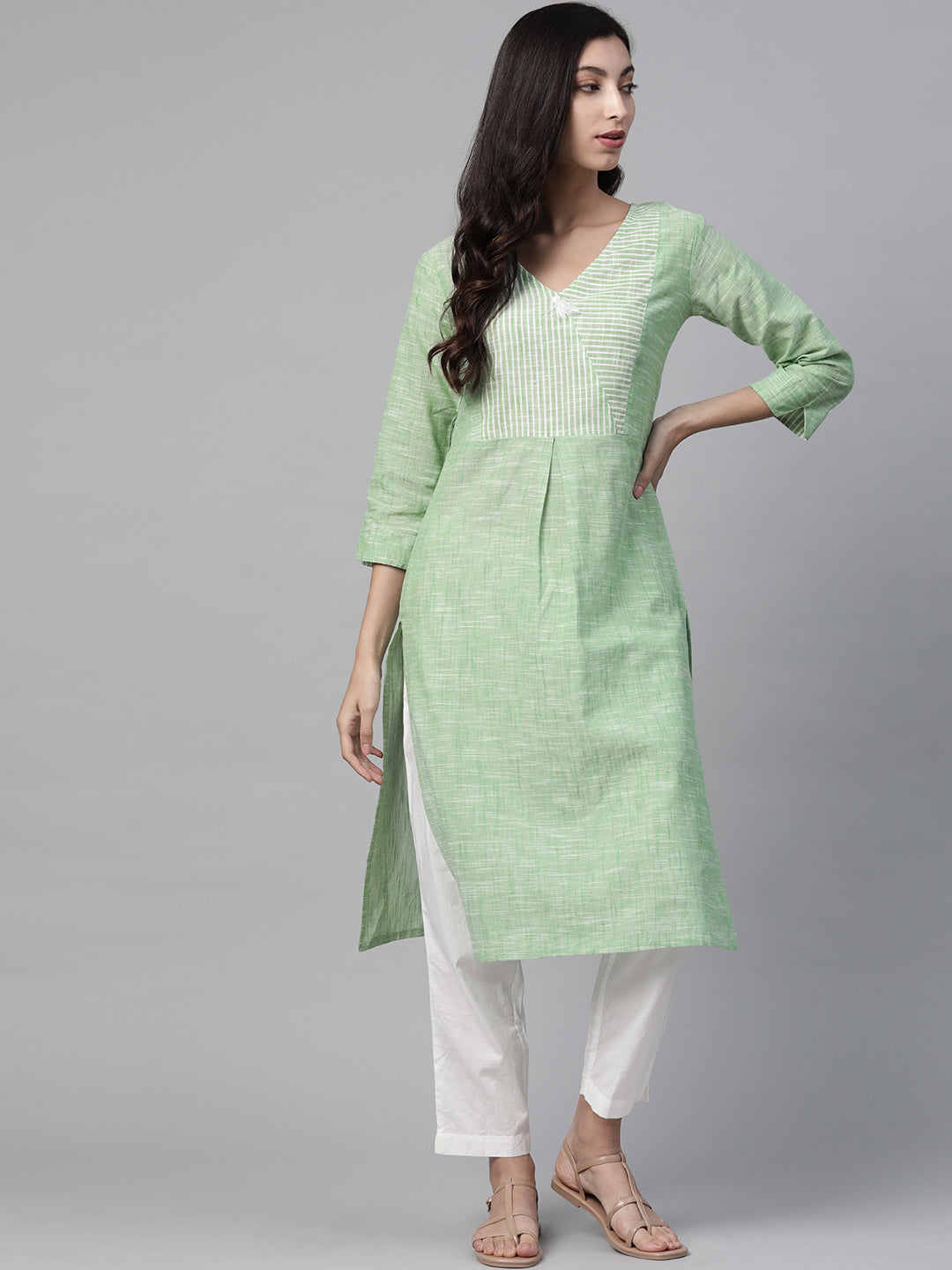 Jompers Women Green Pure Cotton Striped Pleated Kurta | Grocsy