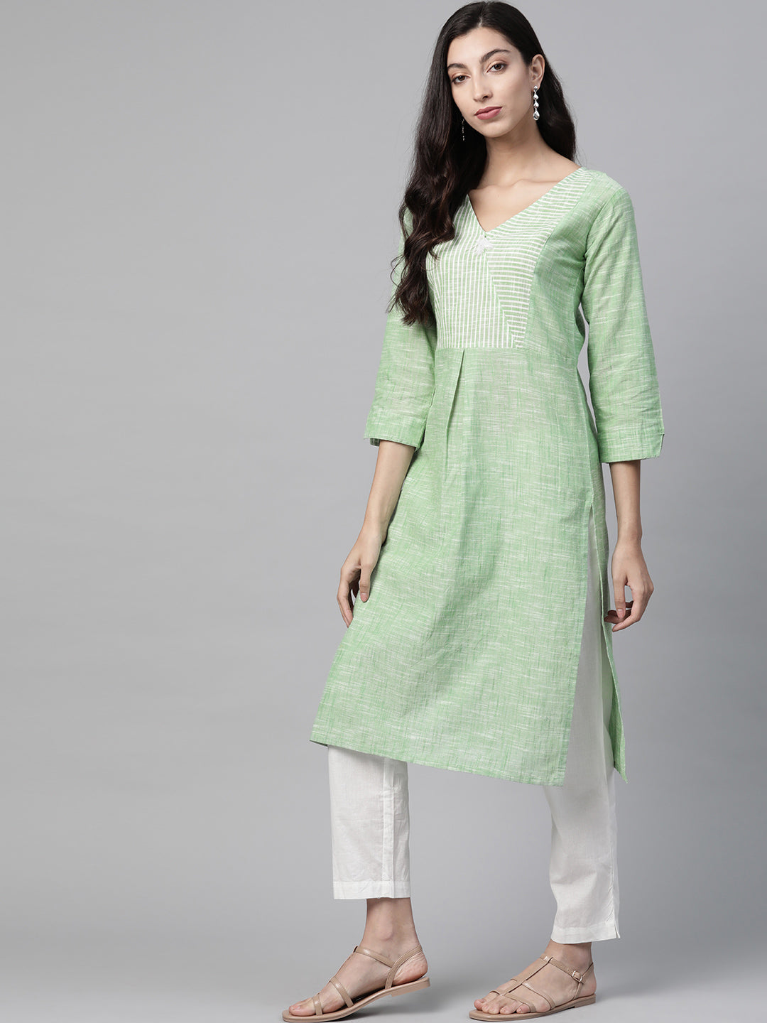 Jompers Women Green Pure Cotton Striped Pleated Kurta | Grocsy