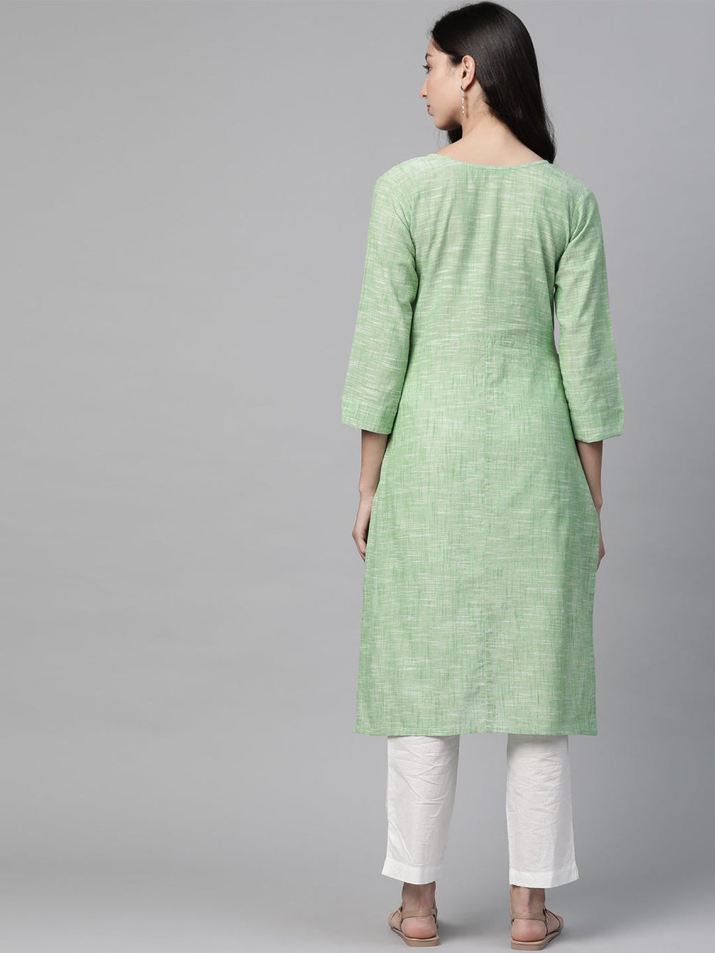 Jompers Women Green Pure Cotton Striped Pleated Kurta | Grocsy