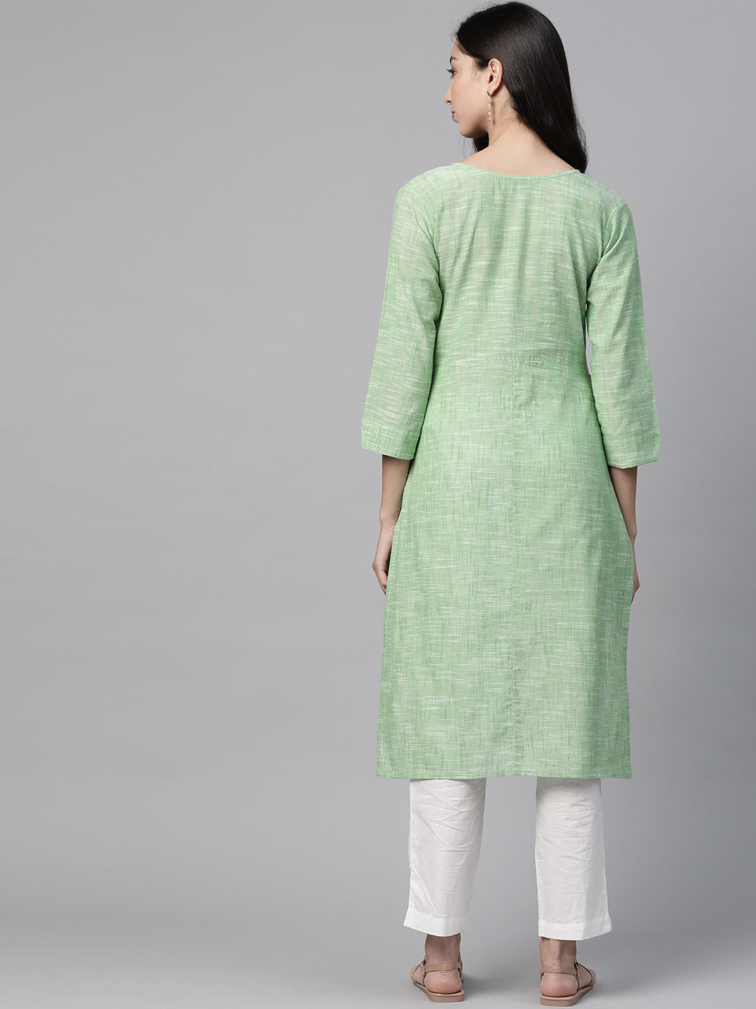 Jompers Women Green Pure Cotton Striped Pleated Kurta | Grocsy