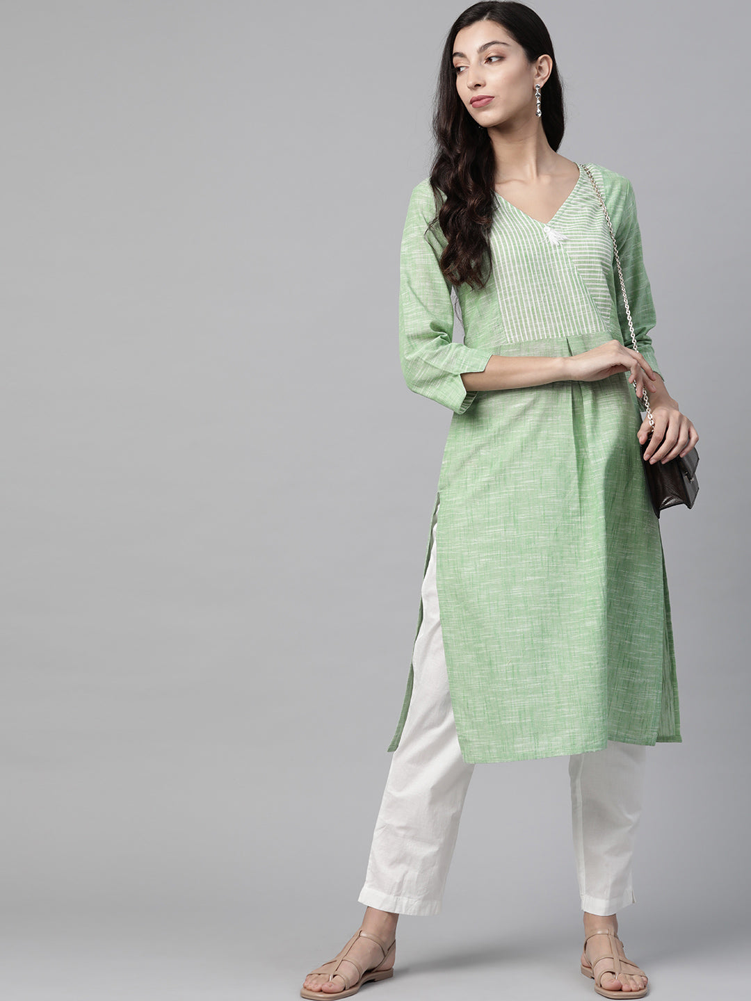 Jompers Women Green Pure Cotton Striped Pleated Kurta | Grocsy