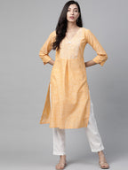 Jompers Women Yellow Pure Cotton Striped Pleated Kurta | Grocsy
