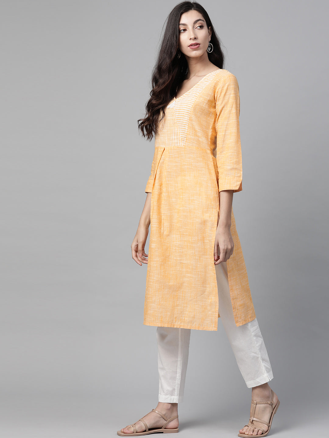 Jompers Women Yellow Pure Cotton Striped Pleated Kurta | Grocsy