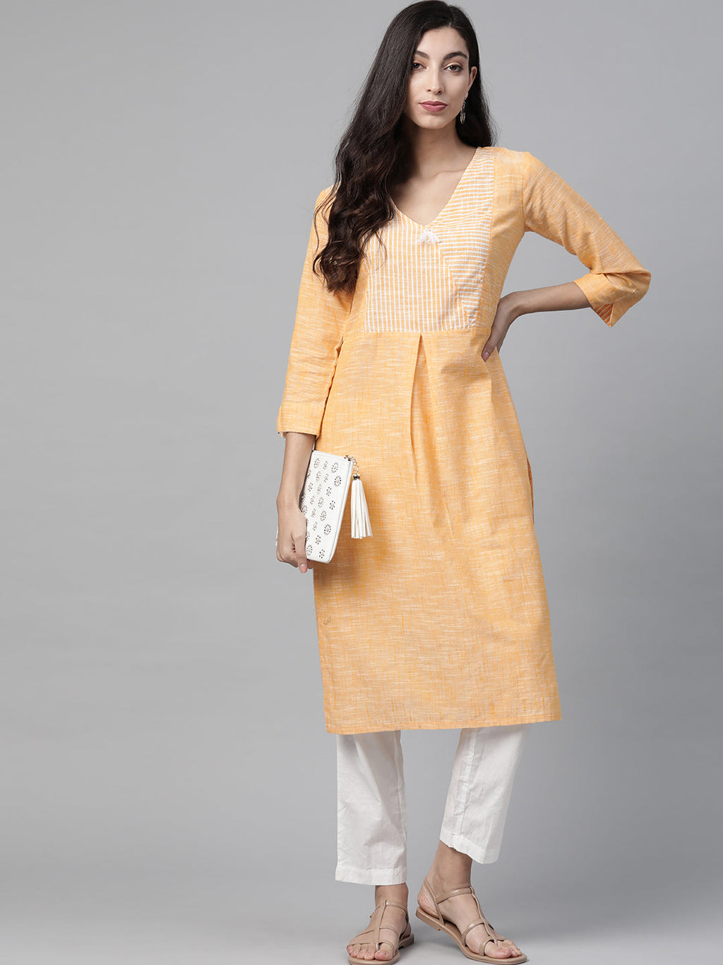 Jompers Women Yellow Pure Cotton Striped Pleated Kurta | Grocsy