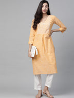 Jompers Women Yellow Pure Cotton Striped Pleated Kurta | Grocsy
