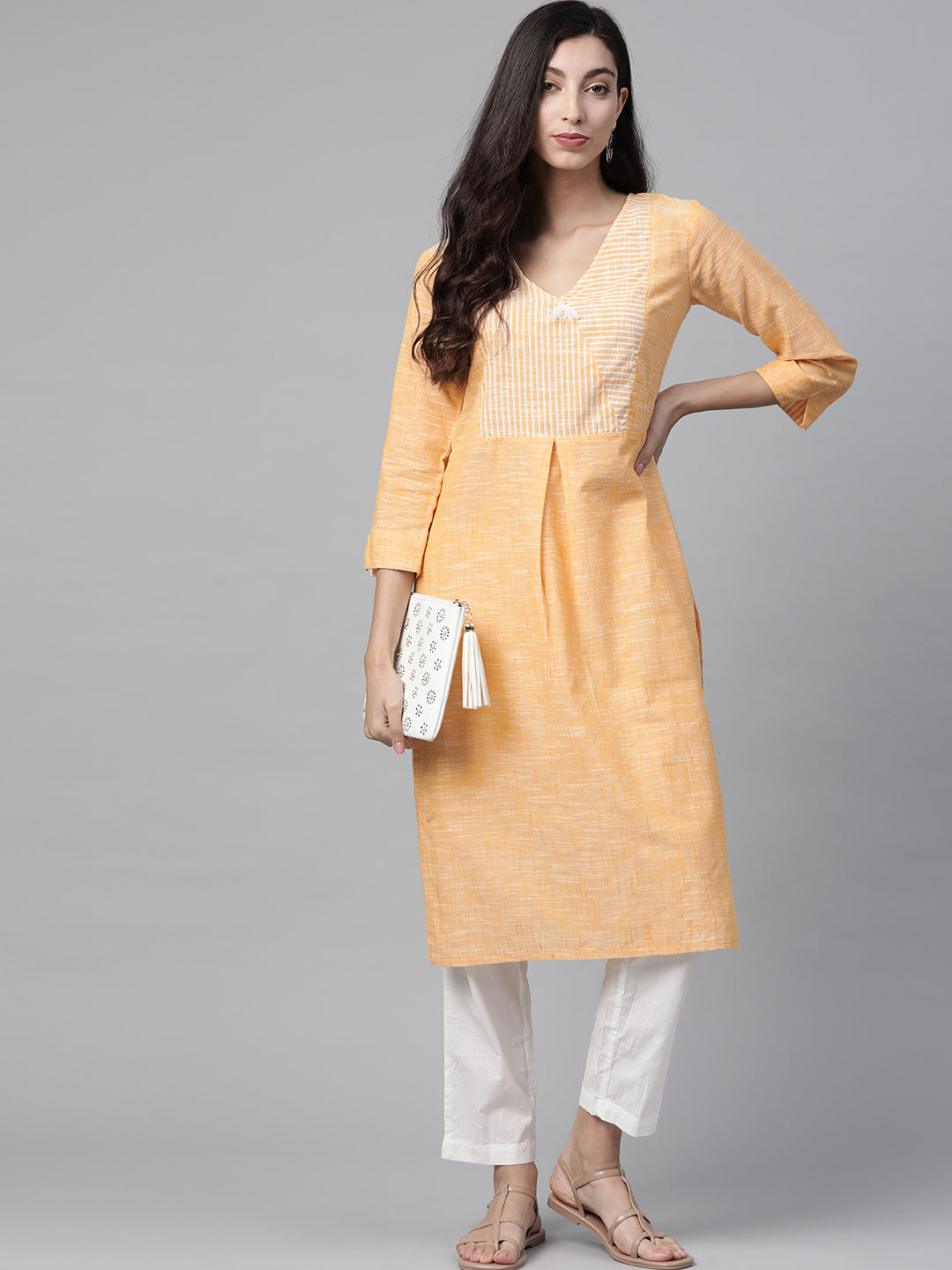 Jompers Women Yellow Pure Cotton Striped Pleated Kurta | Grocsy