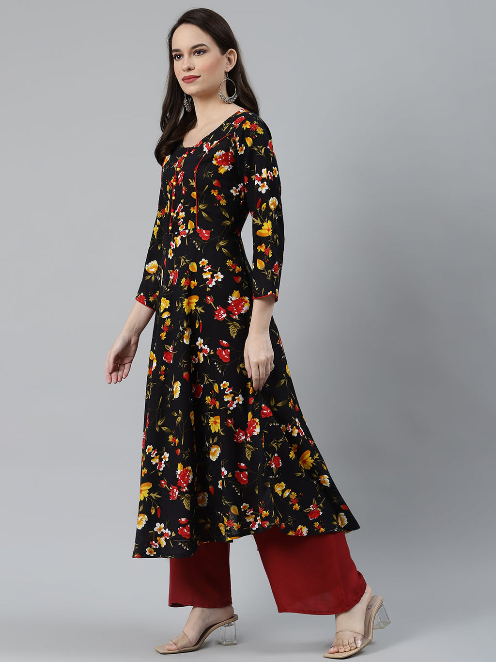 Jompers Women Black & Red Floral Printed Floral Anarkali Kurta | Grocsy