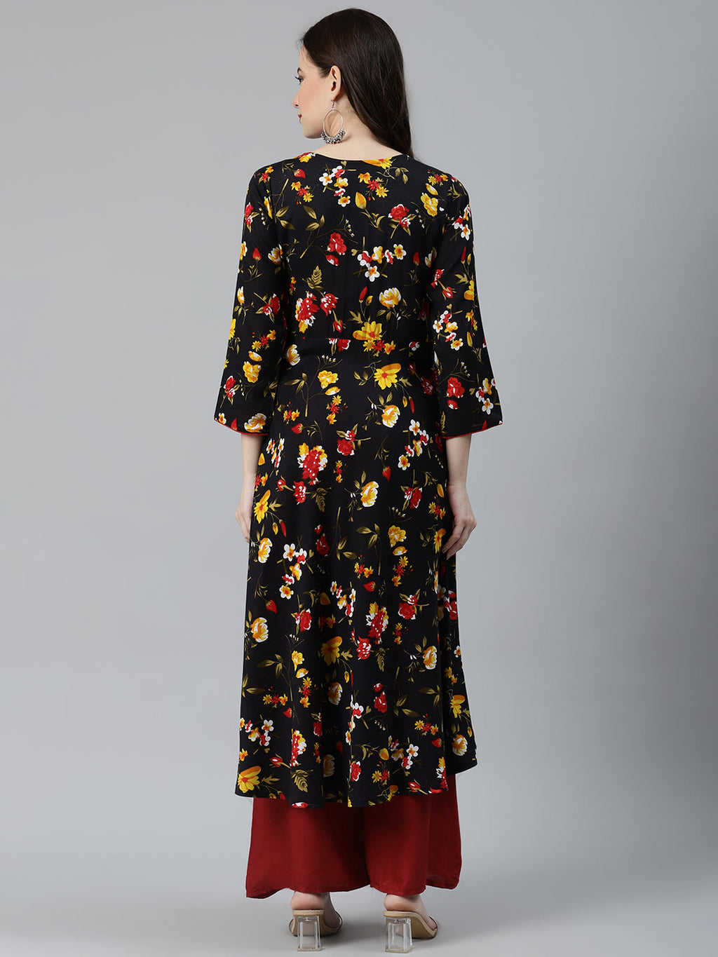 Jompers Women Black & Red Floral Printed Floral Anarkali Kurta | Grocsy