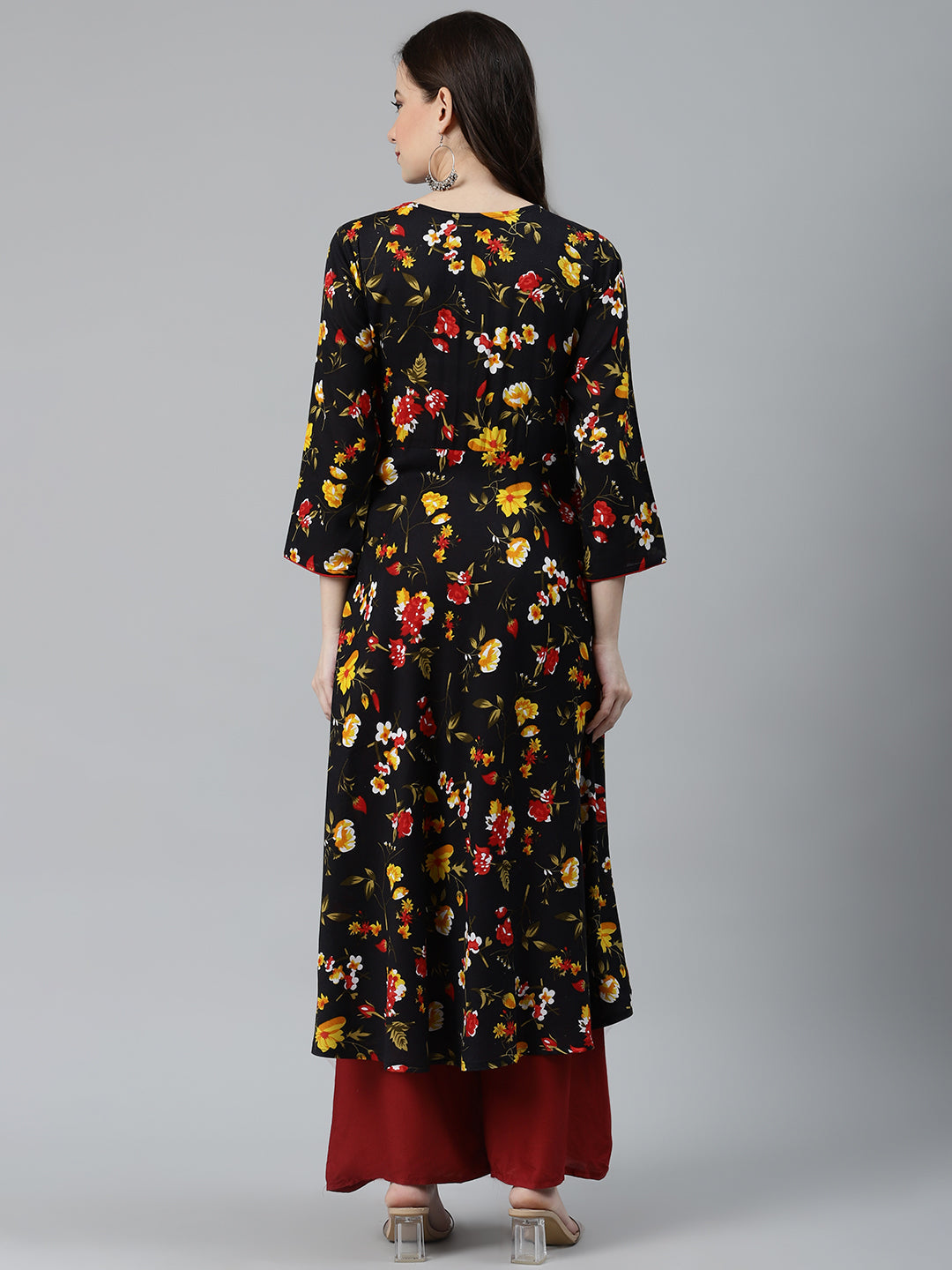 Jompers Women Black & Red Floral Printed Floral Anarkali Kurta | Grocsy