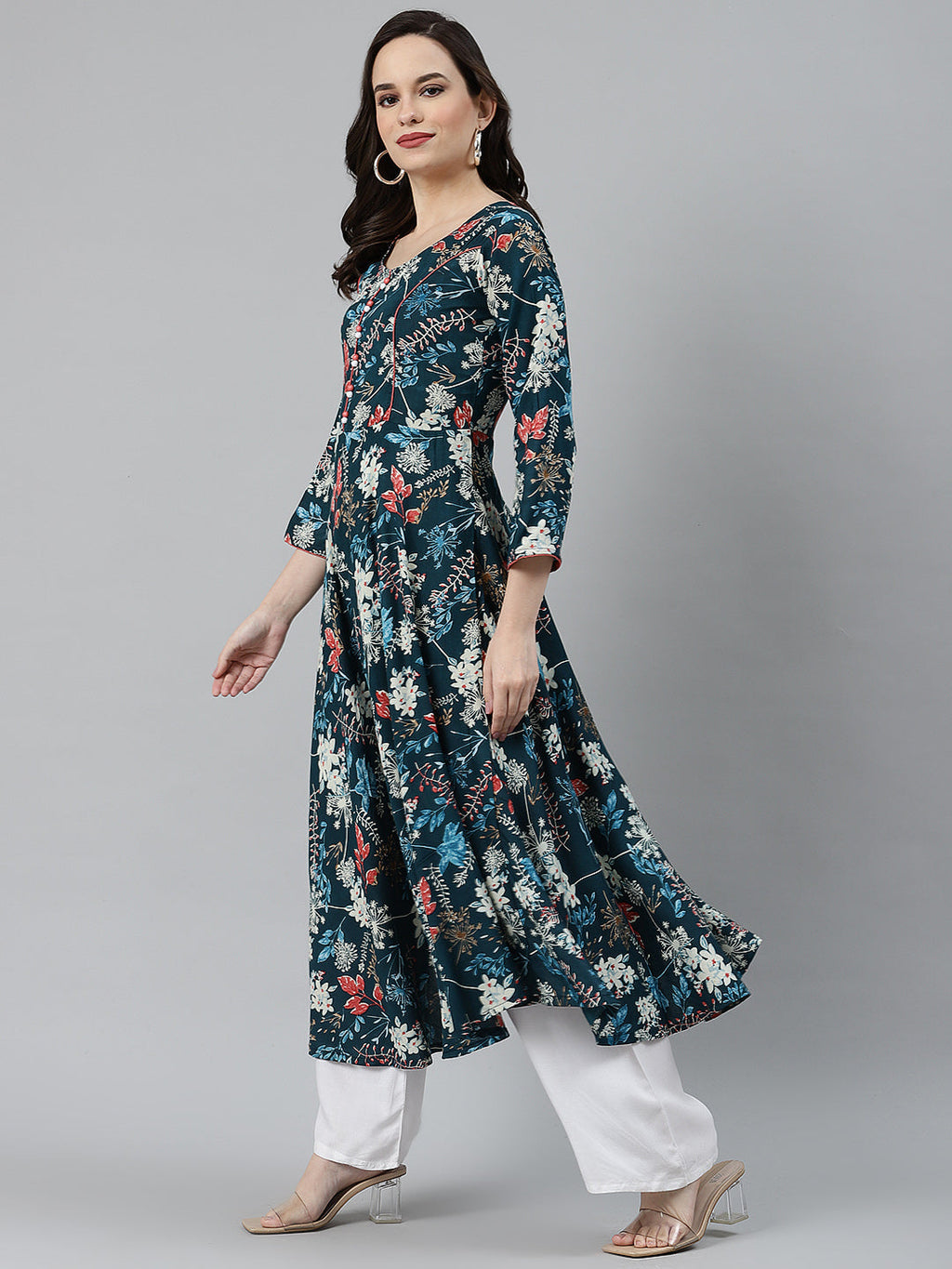 Jompers Women Blue & Pink Floral Printed Floral Anarkali Kurta | Grocsy