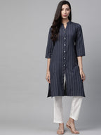 Jompers Women Navy Blue & White Striped Indigo Fusion Kurta | Grocsy