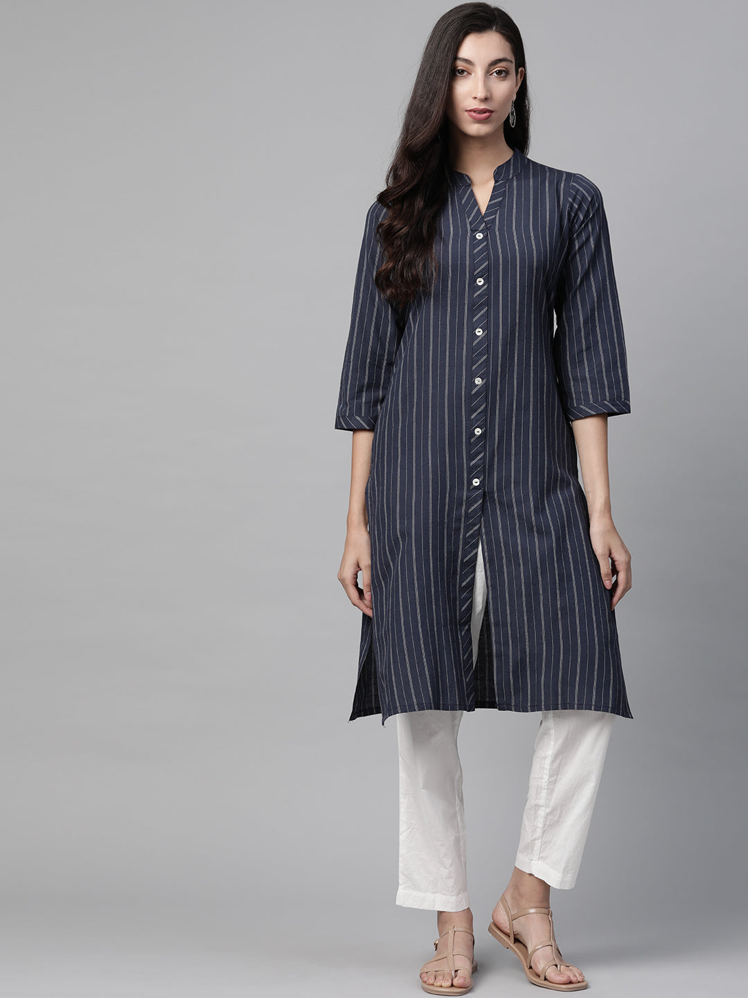 Jompers Women Navy Blue & White Striped Indigo Fusion Kurta | Grocsy