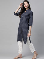 Jompers Women Navy Blue & White Striped Indigo Fusion Kurta | Grocsy
