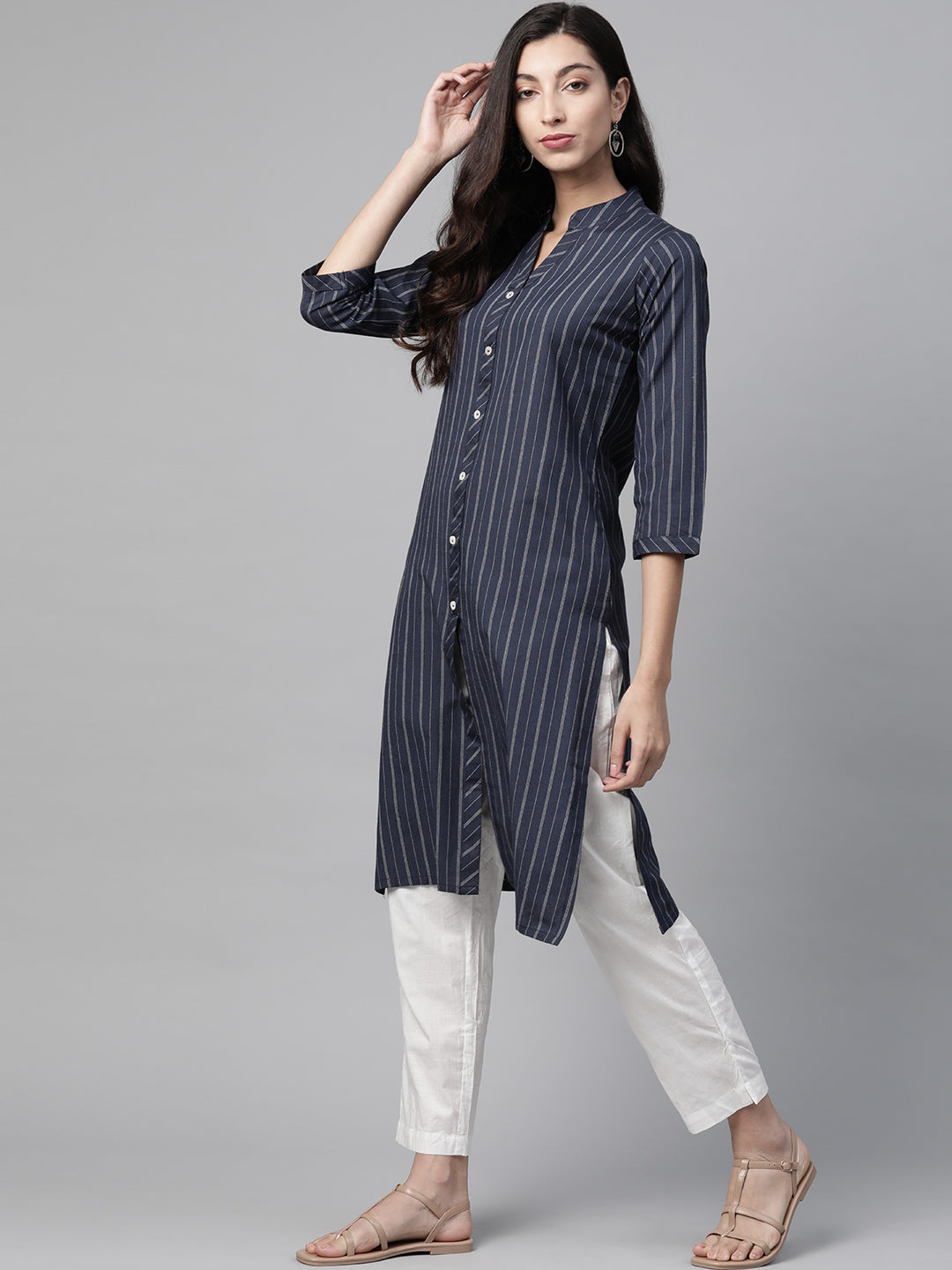 Jompers Women Navy Blue & White Striped Indigo Fusion Kurta | Grocsy