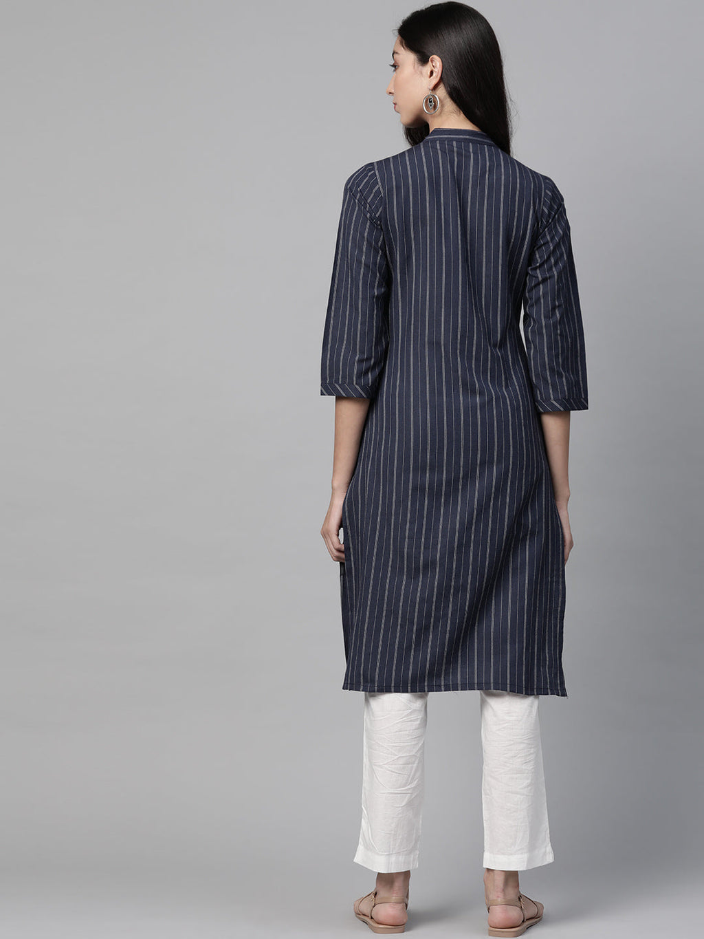 Jompers Women Navy Blue & White Striped Indigo Fusion Kurta | Grocsy