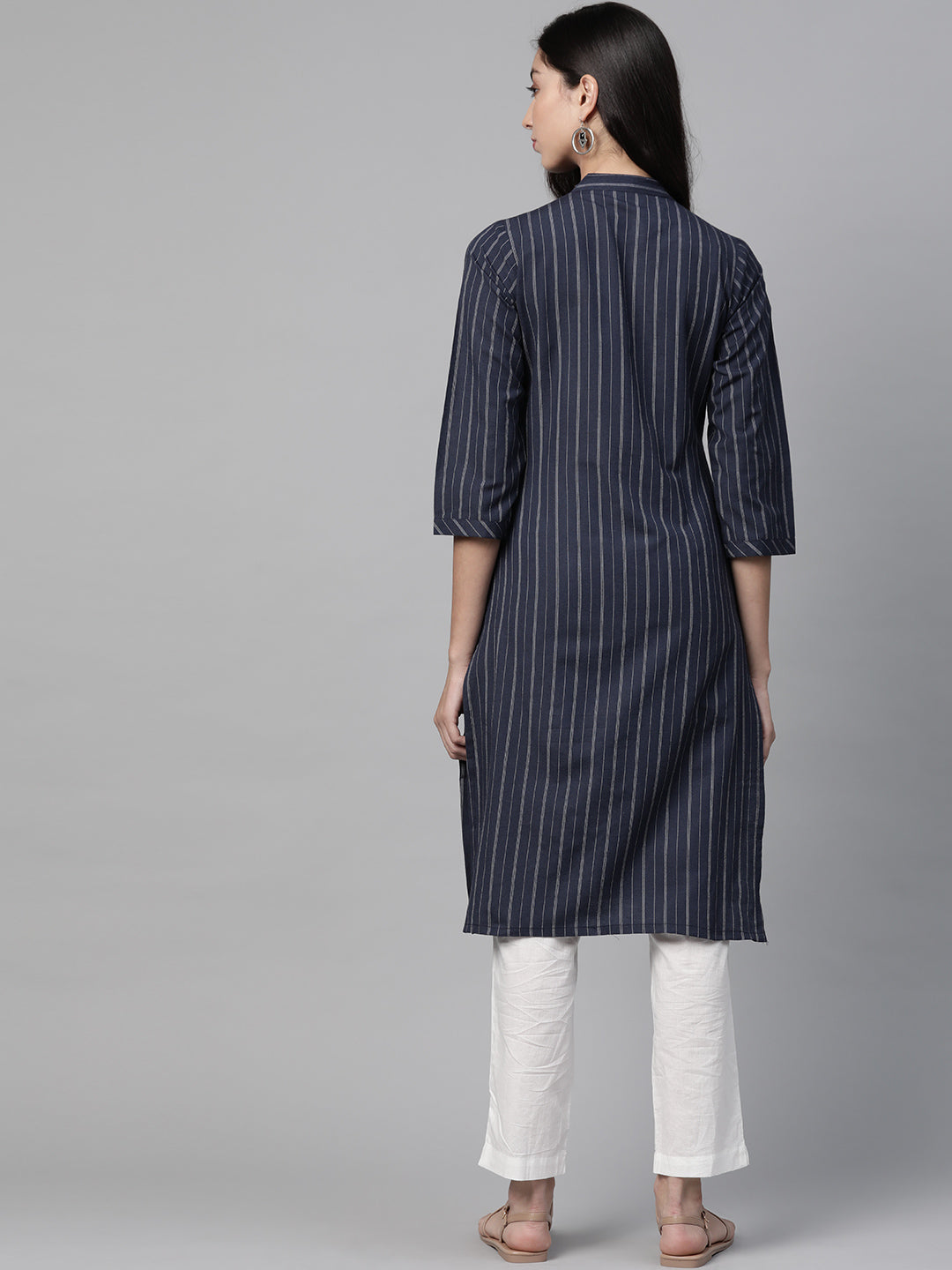 Jompers Women Navy Blue & White Striped Indigo Fusion Kurta | Grocsy