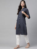 Jompers Women Navy Blue & White Striped Indigo Fusion Kurta | Grocsy