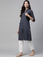 Jompers Women Navy Blue & White Striped Indigo Fusion Kurta | Grocsy