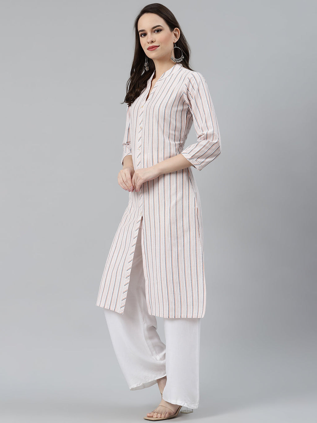 Jompers Women White & Orange Striped Indigo Fusion Kurta | Grocsy