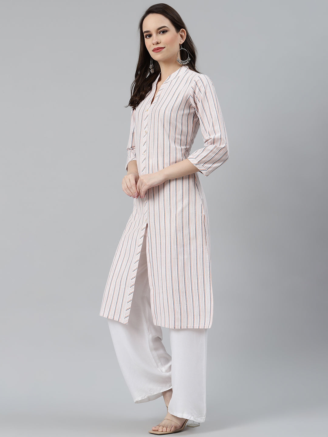 Jompers Women White & Orange Striped Indigo Fusion Kurta | Grocsy