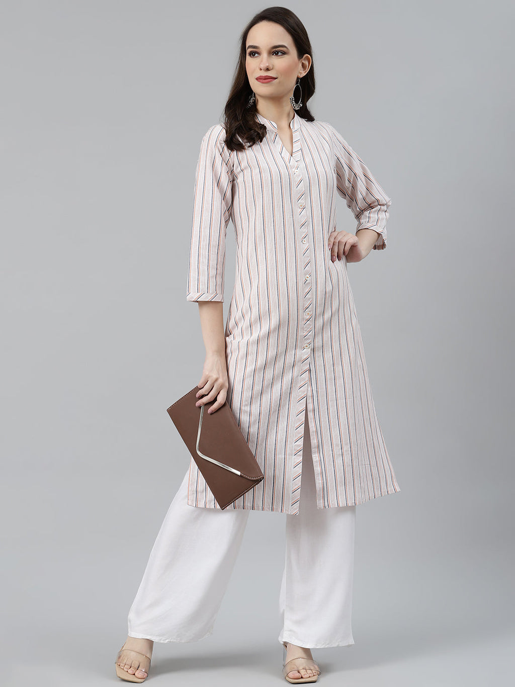 Jompers Women White & Orange Striped Indigo Fusion Kurta | Grocsy