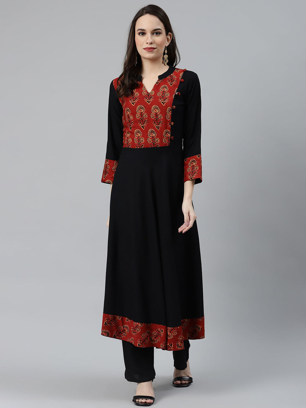 Jompers Women Black & Brown Printed Yoke Design Anarkali Kurta | Grocsy