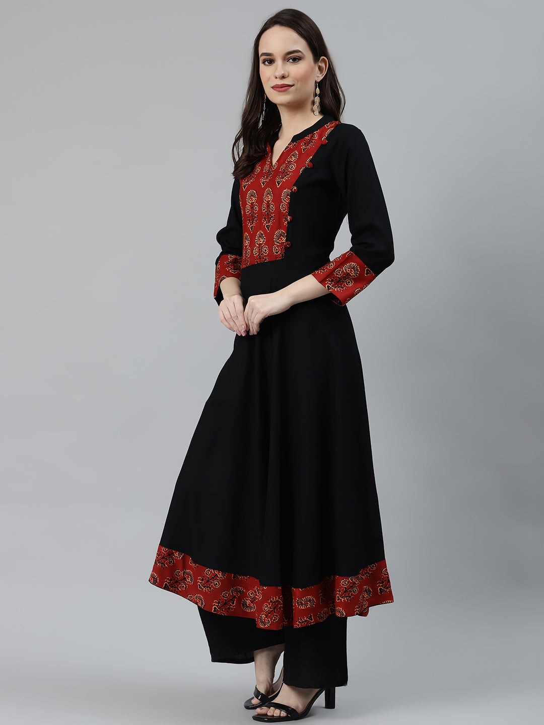 Jompers Women Black & Brown Printed Yoke Design Anarkali Kurta | Grocsy
