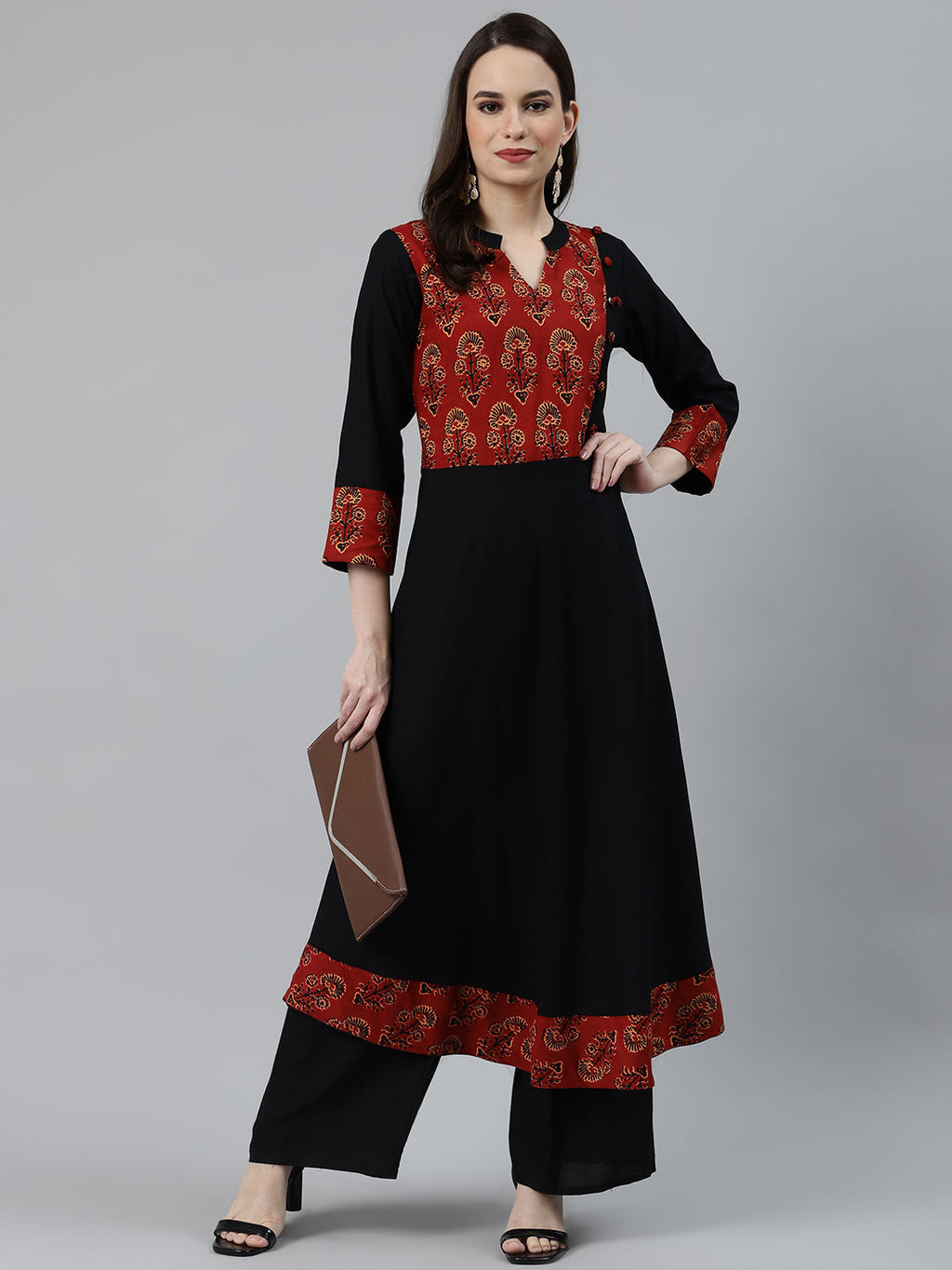Jompers Women Black & Brown Printed Yoke Design Anarkali Kurta | Grocsy