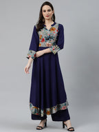 Jompers Women Navy Blue & Grey Floral Printed Yoke Design Anarkali Kurta | Grocsy