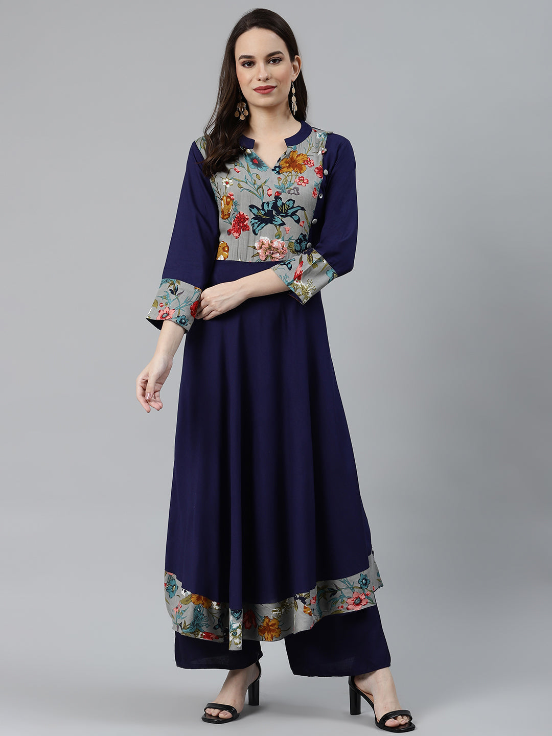 Jompers Women Navy Blue & Grey Floral Printed Yoke Design Anarkali Kurta | Grocsy