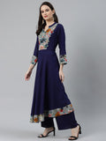 Jompers Women Navy Blue & Grey Floral Printed Yoke Design Anarkali Kurta | Grocsy