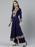 Jompers Women Navy Blue & Grey Floral Printed Yoke Design Anarkali Kurta | Grocsy
