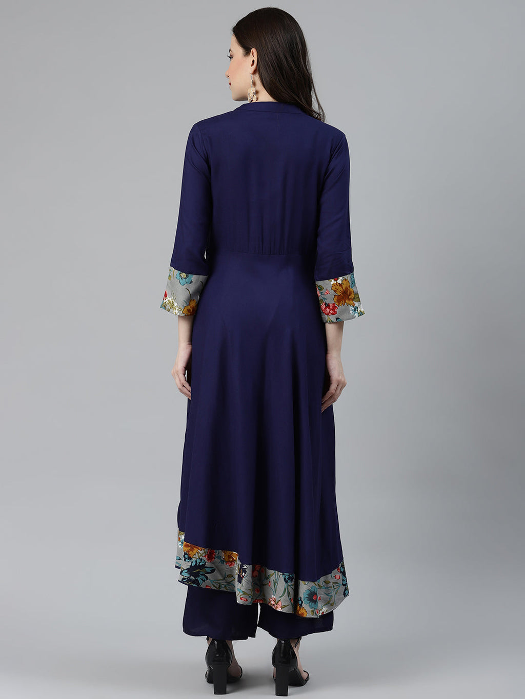 Jompers Women Navy Blue & Grey Floral Printed Yoke Design Anarkali Kurta | Grocsy