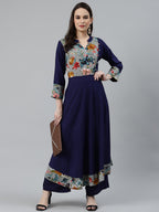 Jompers Women Navy Blue & Grey Floral Printed Yoke Design Anarkali Kurta | Grocsy