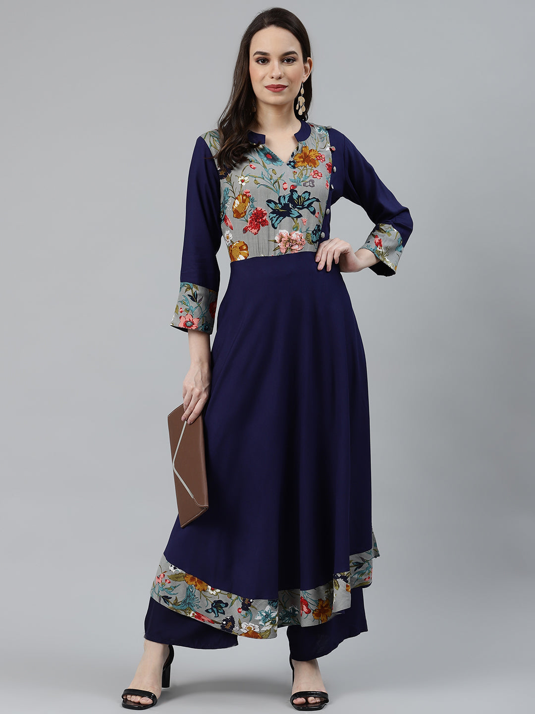 Jompers Women Navy Blue & Grey Floral Printed Yoke Design Anarkali Kurta | Grocsy