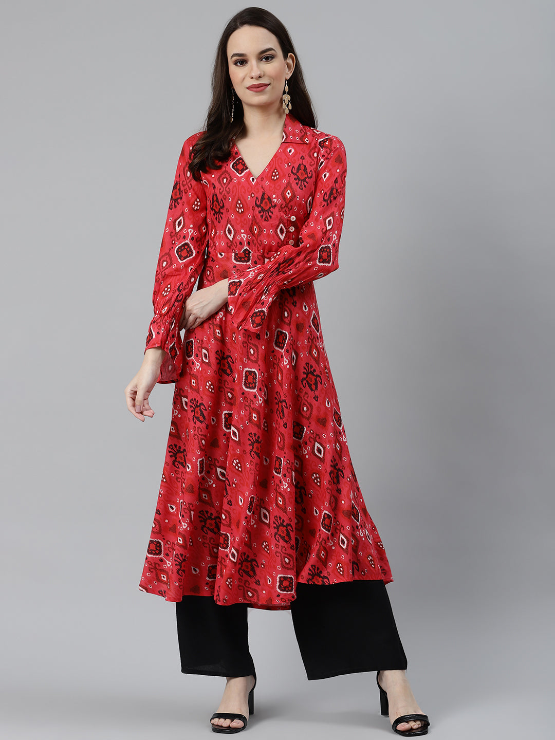 Jompers Women Coral Red & Black Ethnic Motifs Printed Angrakha Anarkali Kurta | Grocsy