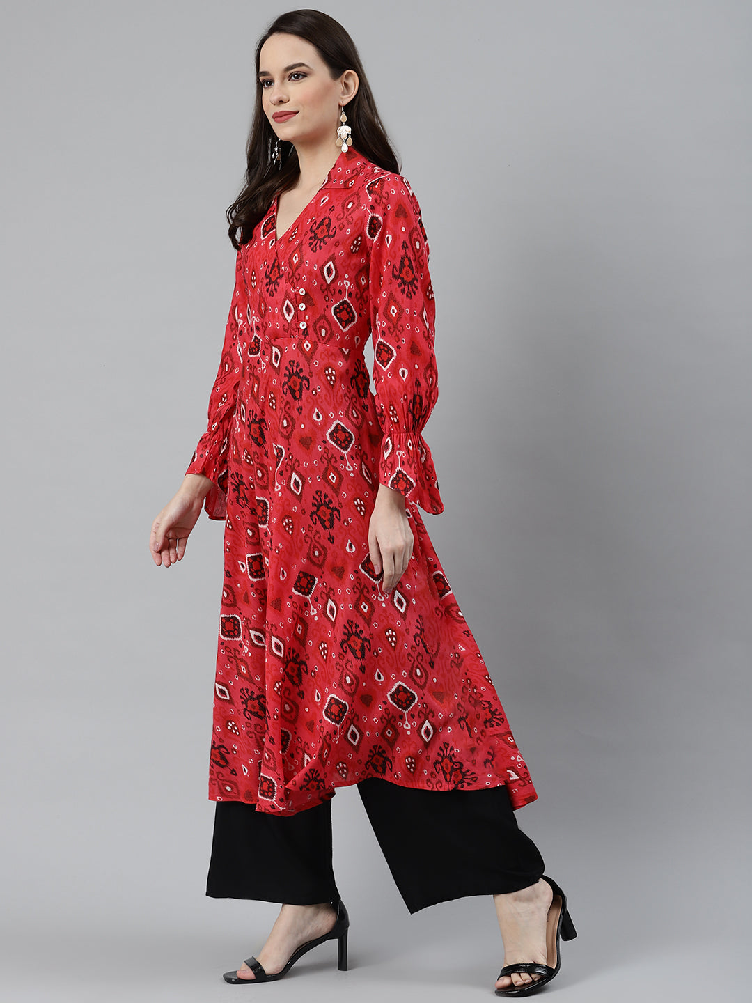 Jompers Women Coral Red & Black Ethnic Motifs Printed Angrakha Anarkali Kurta | Grocsy
