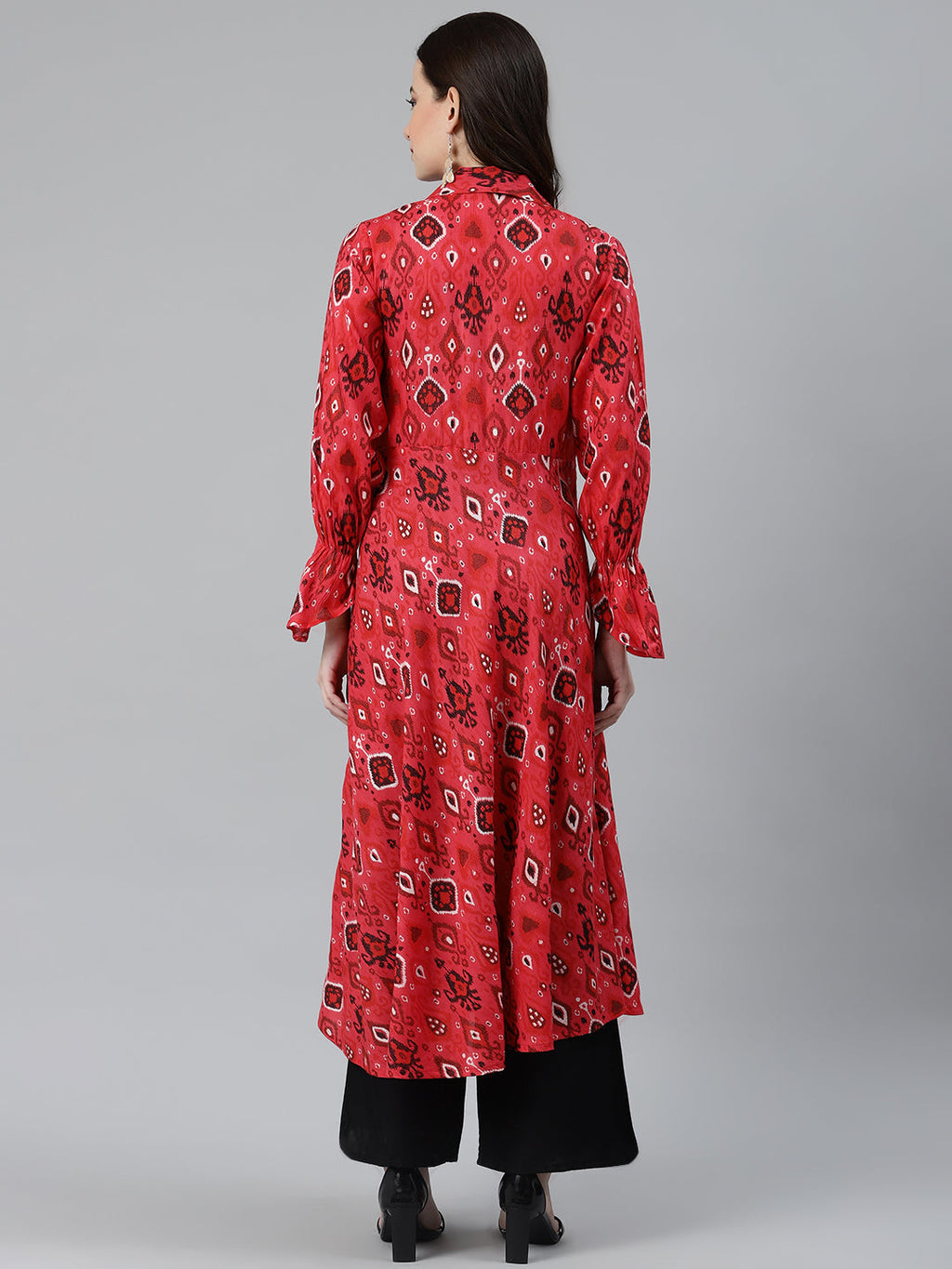 Jompers Women Coral Red & Black Ethnic Motifs Printed Angrakha Anarkali Kurta | Grocsy