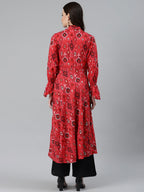 Jompers Women Coral Red & Black Ethnic Motifs Printed Angrakha Anarkali Kurta | Grocsy