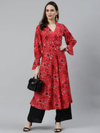 Jompers Women Coral Red & Black Ethnic Motifs Printed Angrakha Anarkali Kurta | Grocsy