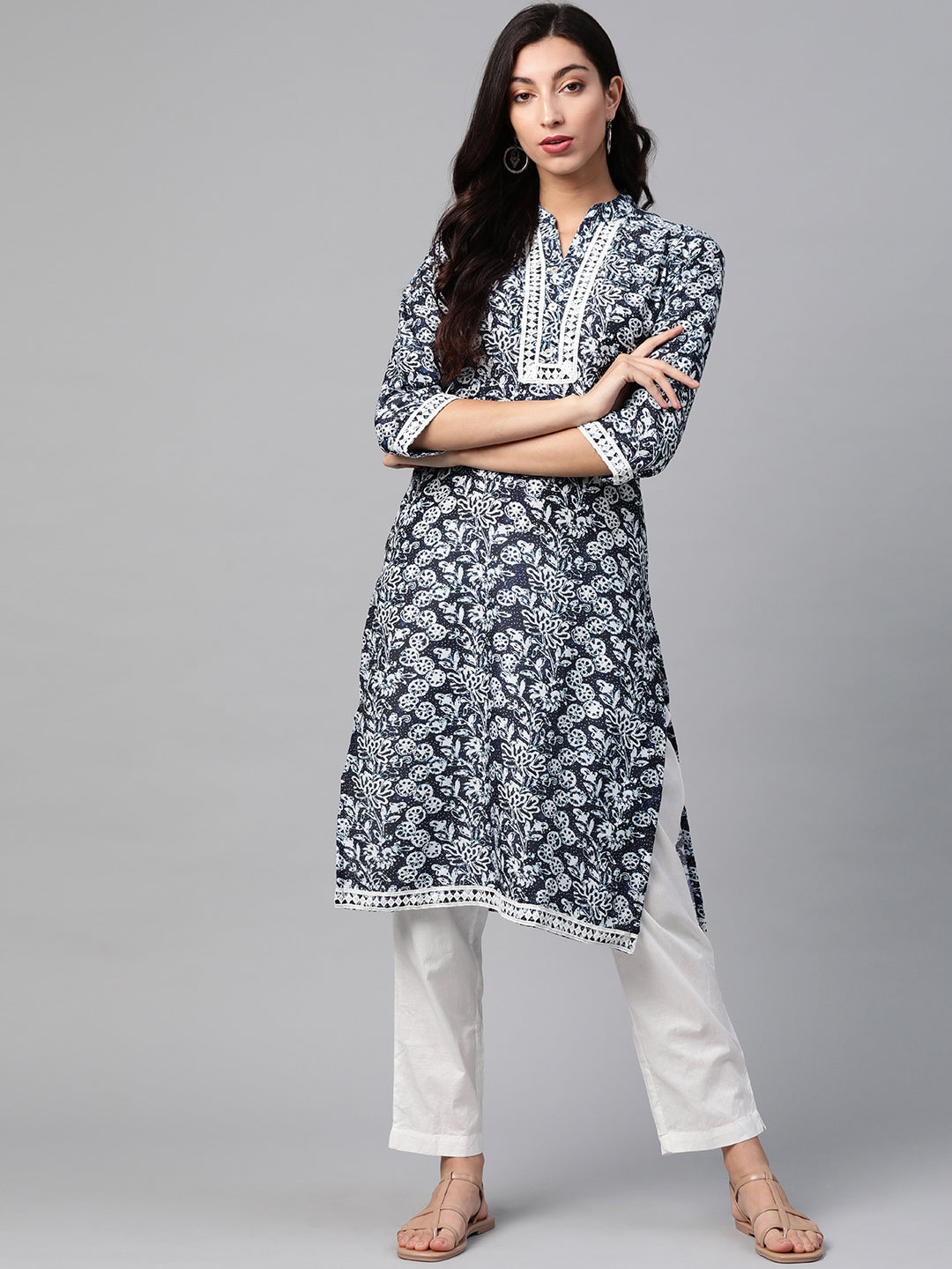 Jompers Women Navy Blue & Off White Ethnic Motifs Printed Kurta | Grocsy