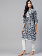 Jompers Women Navy Blue & Off White Ethnic Motifs Printed Kurta | Grocsy