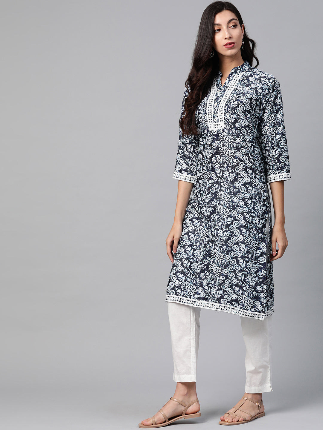 Jompers Women Navy Blue & Off White Ethnic Motifs Printed Kurta | Grocsy