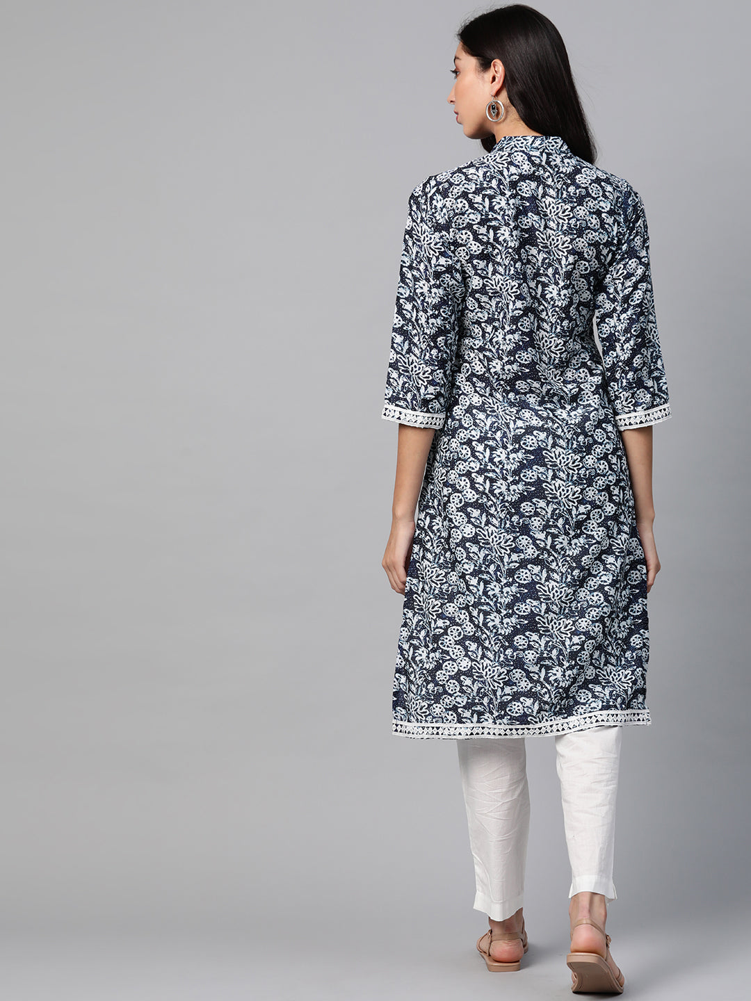 Jompers Women Navy Blue & Off White Ethnic Motifs Printed Kurta | Grocsy
